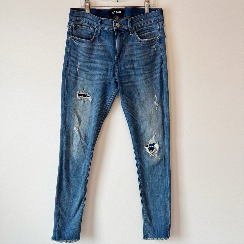 Express Mid Rise Denim Perfect Stretch Distressed Jeans Ankle Leggings, 10 Long